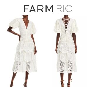 FARM Rio Eyelet Puff Sleeve Midi Dress